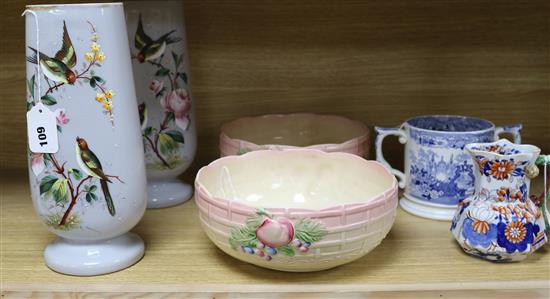 A pair of Newport Pottery Clarice Cliff bowls, a pair of 19th century enamelled glass vases and sundries,